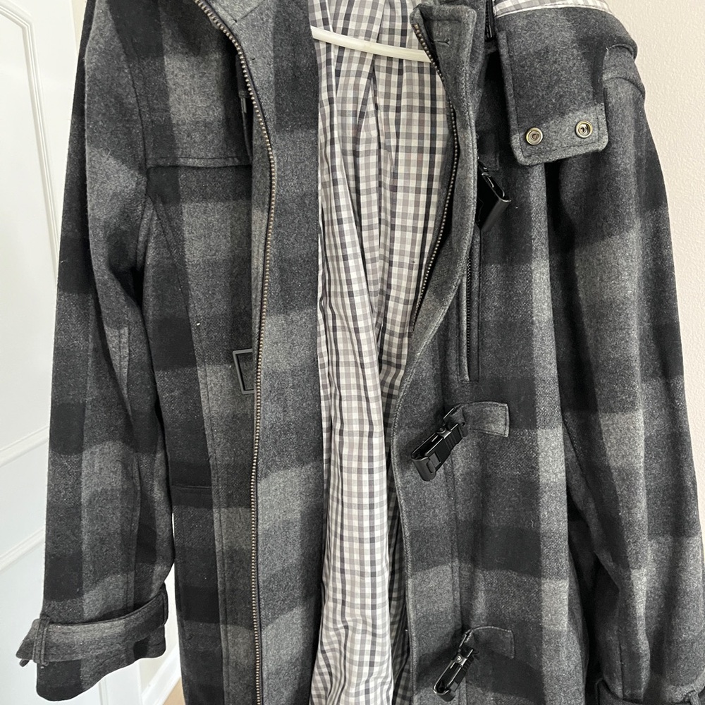 Men's Black and Gray Checkered Coat inc heavy winter zipper hooded xl